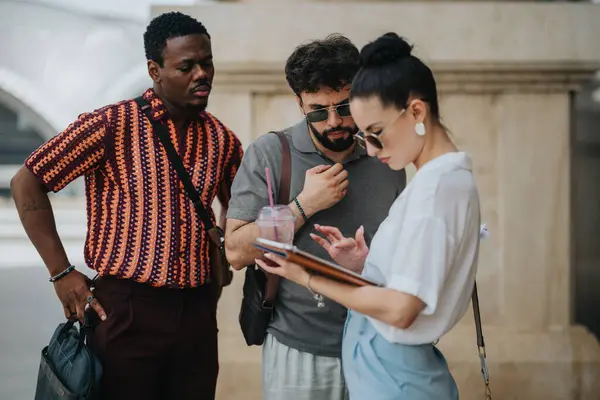 stock image Multiracial business professionals analyzing financial data and strategizing for growth while fostering innovative thinking outdoors.