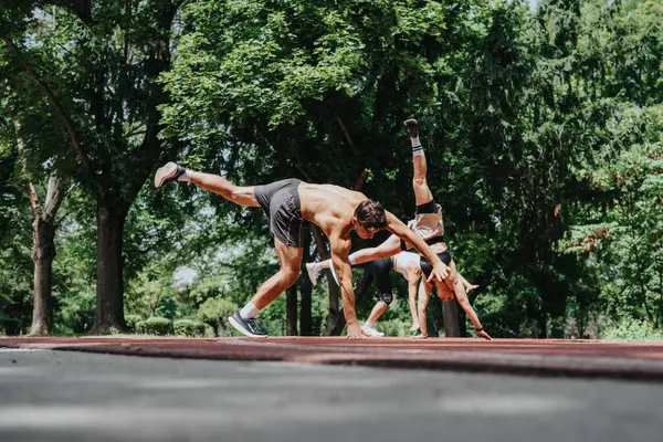 stock image Group of athletes exercising in a park, performing acrobatic moves on a sunny day, showcasing strength and coordination