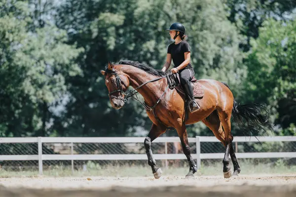 stock image An experienced equestrian woman riding a horse in an outdoor arena surrounded by trees, showcasing horse riding and training.