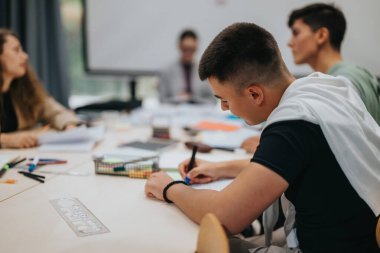 A group of students actively participates in a collaborative learning session in a classroom setting, emphasizing teamwork and academic focus. The image captures the essence of modern education. clipart