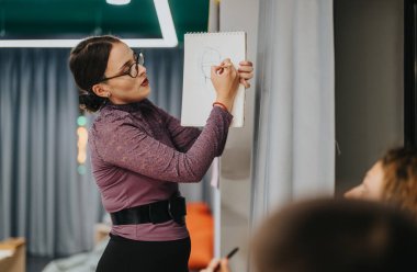 A teacher explains a drawing technique to students in a classroom, fostering creativity and learning. The atmosphere reflects focus and engagement in an educational environment. clipart