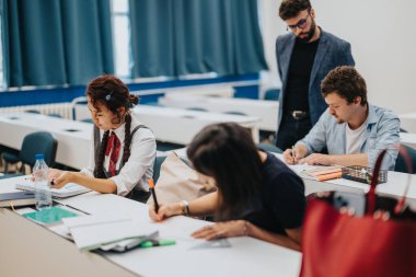 A group of high school students focus on their studies in a classroom. They are seated at desks with notebooks while a teacher provides guidance. The environment promotes concentration and learning. clipart