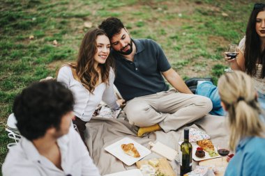 A group of friends share a relaxed picnic, enjoying food and wine in a scenic park. They sit on a blanket, surrounded by nature and laughter, creating a warm, friendly atmosphere. clipart