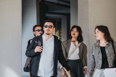 A diverse group of business people walking through an office hallway, engaging in discussion and collaboration. The scene embodies teamwork, strategy, and determination in a corporate environment. clipart