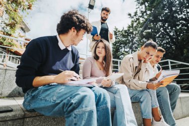 A group of high school students sitting outdoors while a professor provides guidance in solving tasks. The scene reflects education, collaboration, and learning in an outdoor environment. clipart