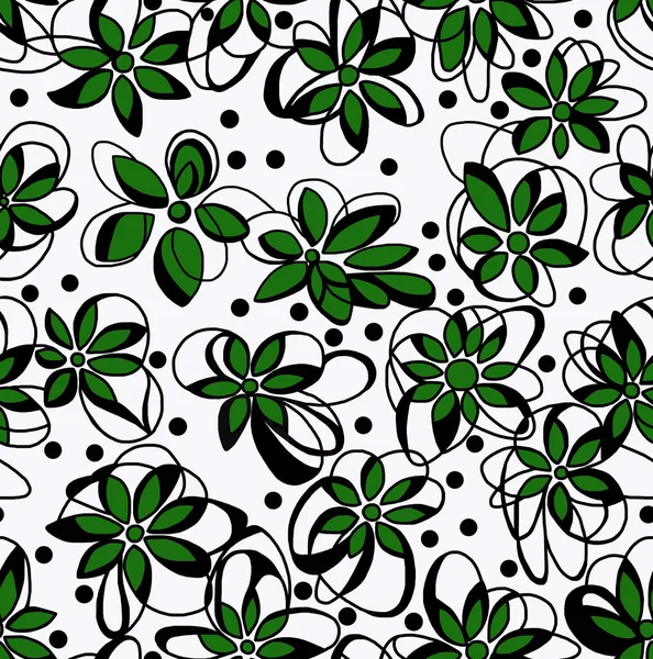 Kwiatowy Czarno Biały Wzór Białym Tle Zielonymi Płatkami Abstrakcyjny Design — Zdjęcie stockowe