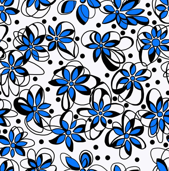 Kwiatowy Czarno Biały Wzór Białym Tle Niebieskimi Płatkami Abstrakcyjny Design — Zdjęcie stockowe