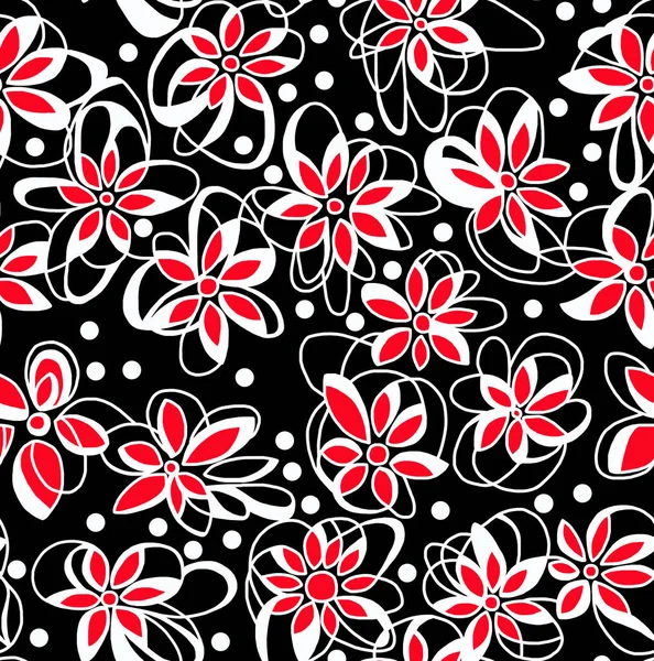 Virágos Fekete Fehér Minta Fekete Háttér Piros Szirmok Elvont Design — Stock Fotó