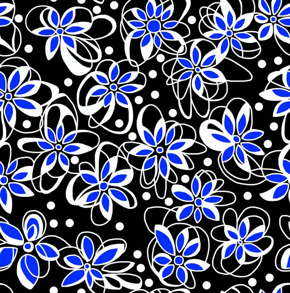 Virágos Fekete Fehér Minta Egy Fekete Háttér Kék Szirmok Elvont — Stock Fotó