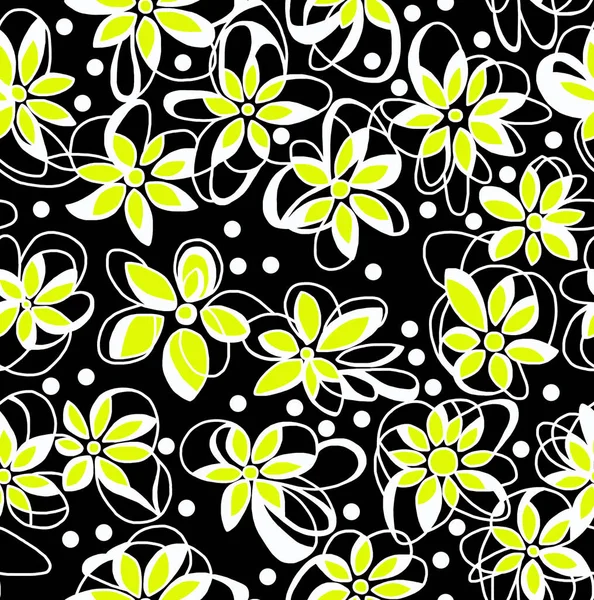 花黑色和白色模式在黑色背景与黄色花瓣 抽象设计 无缝背景 — 图库照片