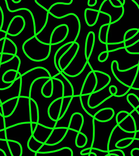 Abstract Doodle Tekening Met Groene Lijnen Zwarte Ondergrond Naadloos Patroon — Stockfoto
