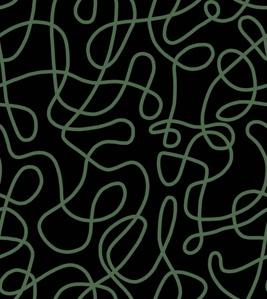 Abstract Doodle Tekening Met Groene Lijnen Zwarte Ondergrond Naadloos Patroon — Stockfoto