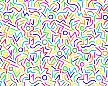 Beyaz bir arkaplan, el çizimi, pürüzsüz çizim üzerinde çok renkli renklerde geometrik şekillerin soyut çizimi.