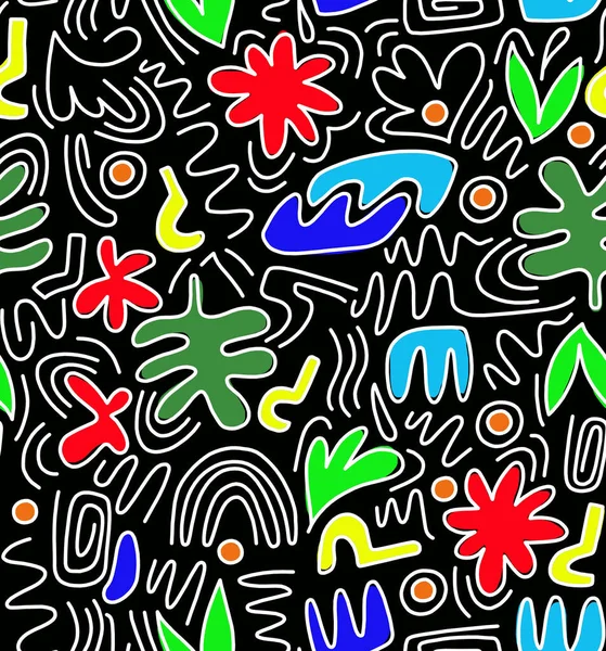 Siyah Arkaplanda Siyah Çizgilerin Soyut Çizimi Çok Renkli Boyalar Kusursuz — Stok fotoğraf
