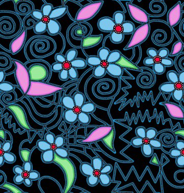 Siyah bir arka planda renkli çiçek izi. Kusursuz desen..