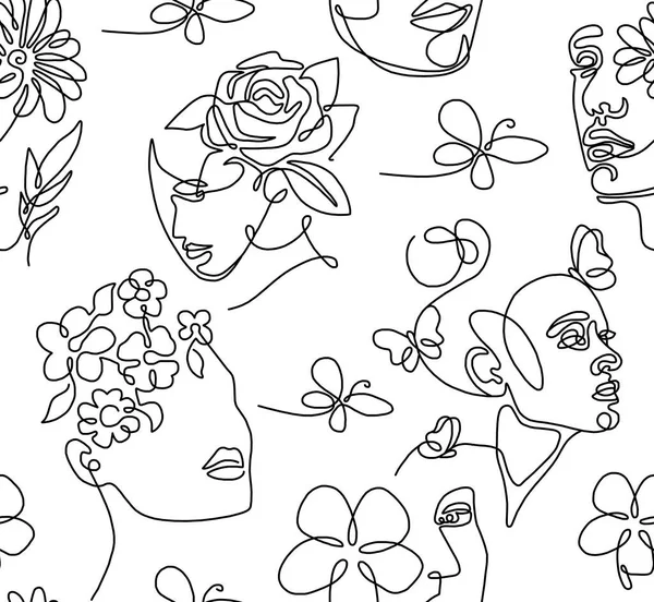 Abstract Drawing Women Faces Flowers Instead Hair Black Lines White — стоковое фото