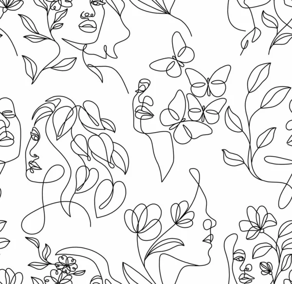 Abstract Drawing Women Faces Flowers Instead Hair Black Lines White — стоковое фото