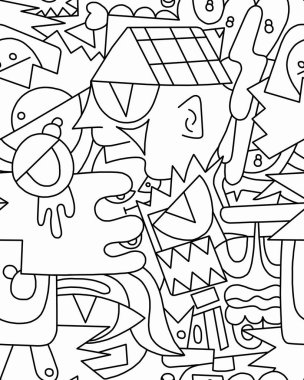 Geometrik şekillerin siyah beyaz çizimi. Kusursuz desen..