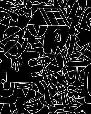 Geometrik şekillerin siyah beyaz çizimi. Kusursuz desen..