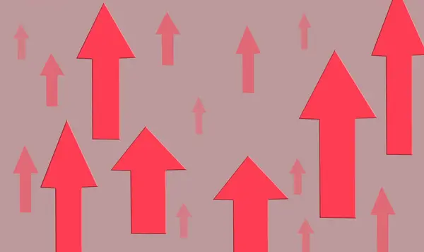 The red arrows of the business and the chart grow upwards, indicating the profit of the economic chart.Drawing on a pink background.
