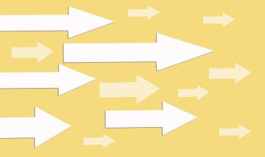 Sarı arka planda beyaz oklar sağ tarafı gösteriyor. Bir el çizimi. .