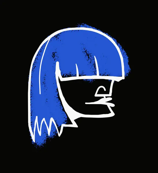 Abstract hand-drawn face of a girl in profile with blue hair.Black background.
