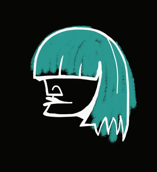 Abstract hand-drawn face of a girl in profile with green hair.Black background.