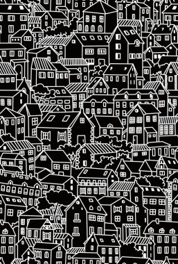 Birbirine yakın yerleşim binalarının siyah beyaz çizimi. Kusursuz desen.