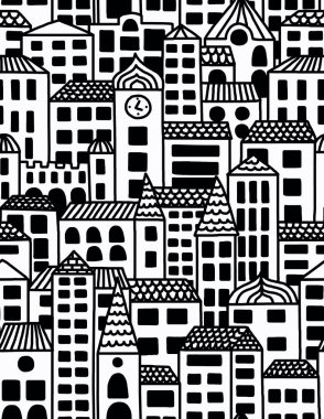 Birbirine yakın yerleşim binalarının siyah beyaz çizimi. Kusursuz desen.