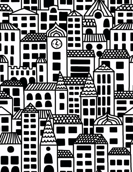 Birbirine yakın yerleşim binalarının siyah beyaz çizimi. Kusursuz desen.
