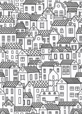 Birbirine yakın yerleşim binalarının siyah beyaz çizimi. Kusursuz desen.