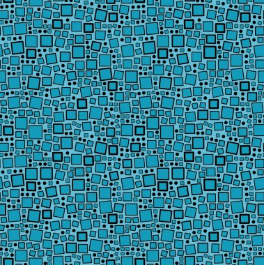 Mavi arka planda farklı boyutlarda siyah karelerin çizimi. Kusursuz desen..