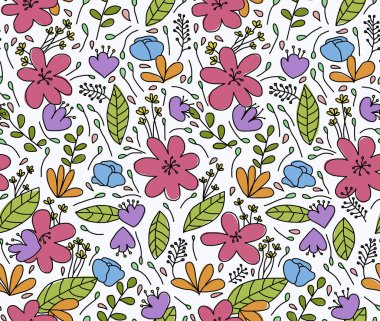 Beyaz bir arka planda parlak renklerle boyanmış el çizimi bir çiçek deseni. Kusursuz desen..