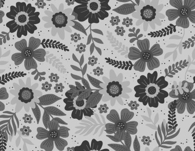 Gri tonlarda el çizimi bir çiçek deseni. Kusursuz desen..