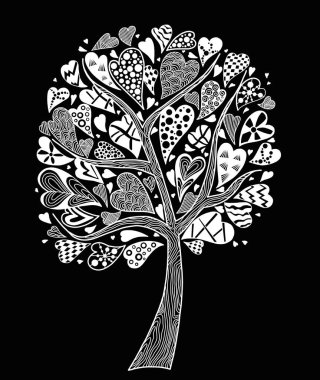 Yapraklar yerine farklı boyutlarda kalpleri olan bir ağacın siyah beyaz çizimi..