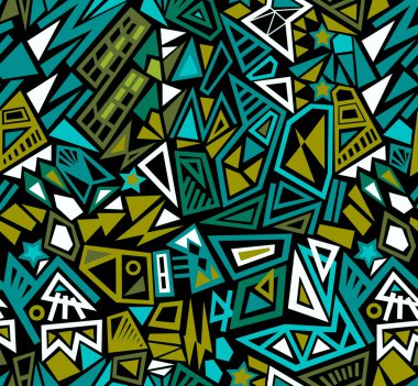 Mavi tonda çizilmiş geometrik şekillerin soyut çizimi. Kusursuz desen..