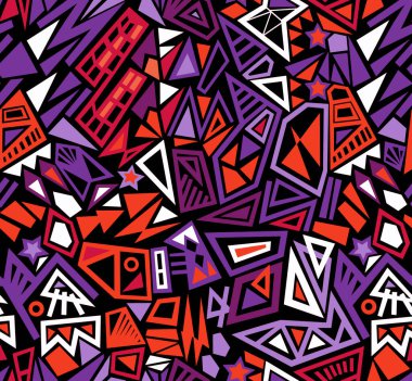 Elle çizilmiş geometrik şekillerden parlak renklerle boyanmış soyut mozaik desen. Kusursuz arkaplan.