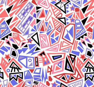 Elle çizilmiş geometrik şekillerden parlak renklerle boyanmış soyut mozaik desen. Kusursuz arkaplan.
