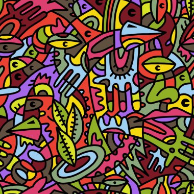 Elle çizilmiş geometrik şekillerden parlak renklerle boyanmış soyut mozaik desen. Kusursuz arkaplan.