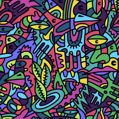 Elle çizilmiş geometrik şekillerden parlak renklerle boyanmış soyut mozaik desen. Kusursuz arkaplan.