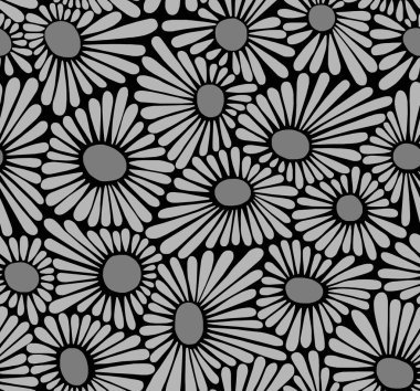 Birbirine yakın büyük papatyaların el ile çizilmiş gri renkte çizimi. Kusursuz desen..