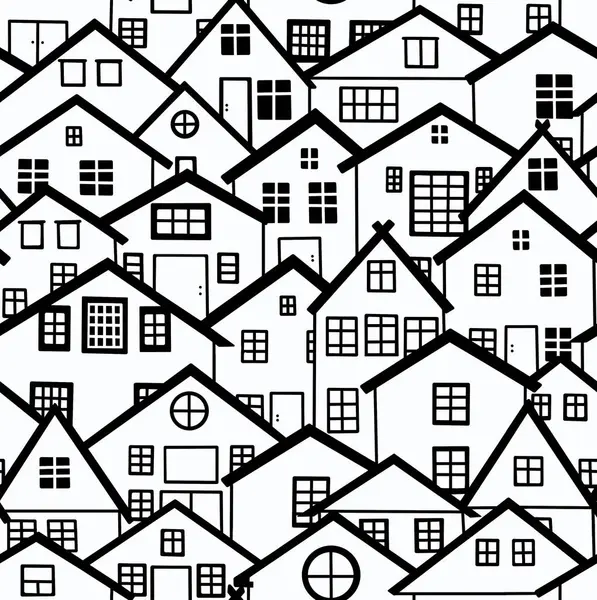 Birbirine yakın evlerin siyah beyaz çizimi. Kusursuz desen..