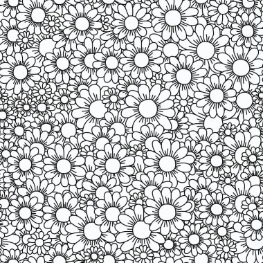Farklı boyutlarda siyah-beyaz papatya çizimi. Kusursuz bir arka plan..