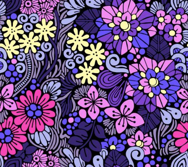 Parlak renklerde el çizimi bir çiçek deseni. Kusursuz desen..