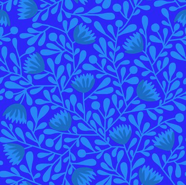 Parlak mavi renkli el çizimi bir çiçek deseni. Kusursuz desen..