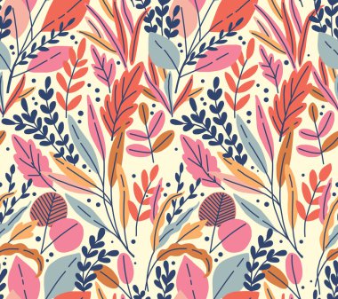 Elle çizilmiş soyut çiçek desenleri, parlak, çekici renklerde yapraklar ve bitkilerle kusursuz tekstil sanat deseni..