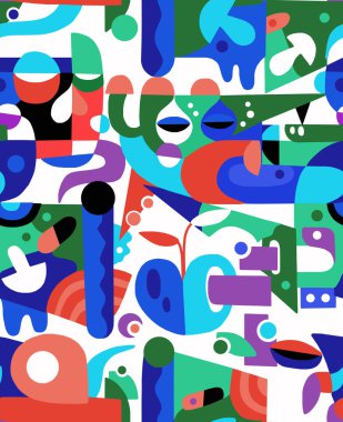 Elle çizilmiş geometrik şekillerden parlak renklerle boyanmış soyut mozaik desen. Kusursuz arkaplan.