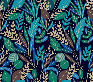 Elle çizilmiş soyut çiçek desenleri, parlak, çekici renklerde yapraklar ve bitkilerle kusursuz tekstil sanat deseni..