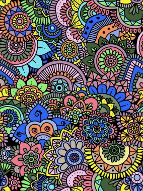 Parlak renklerle boyanmış siyah beyaz bir çiçek çizimi. Kusursuz bir desen..