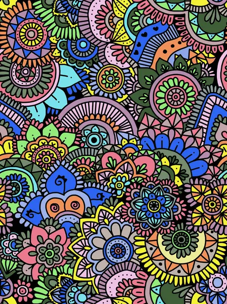 Parlak renklerle boyanmış siyah beyaz bir çiçek çizimi. Kusursuz bir desen..